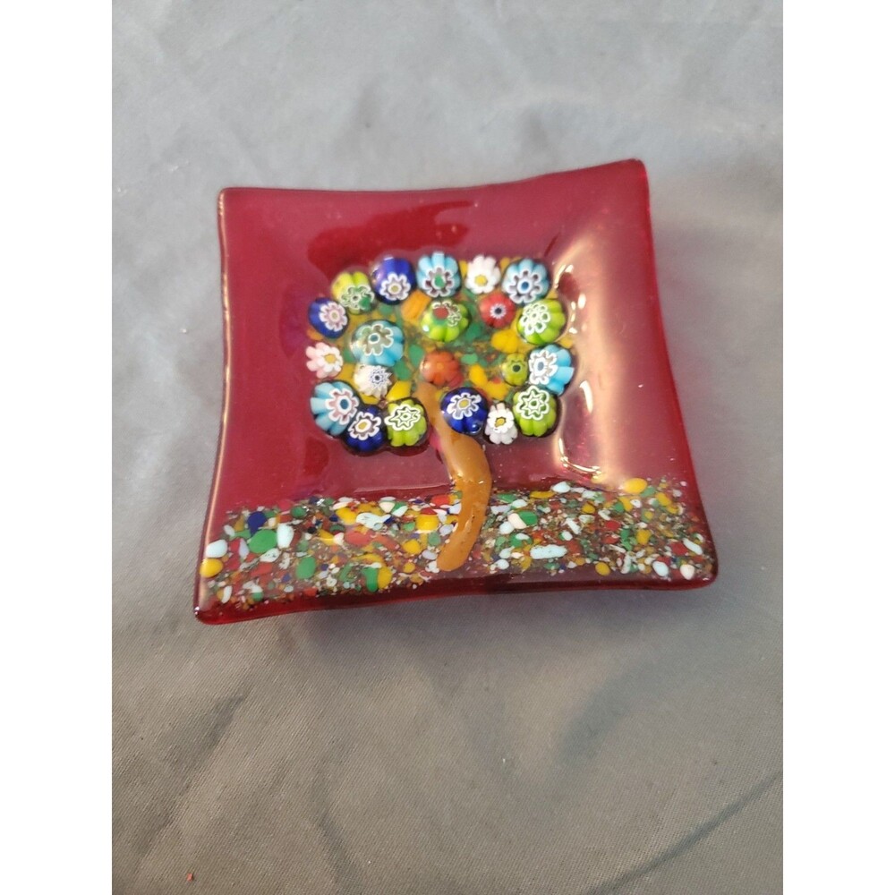 Murano Trinket Dish Millefiori “Tree Of Life” Handmade Glass Italy 3x3”